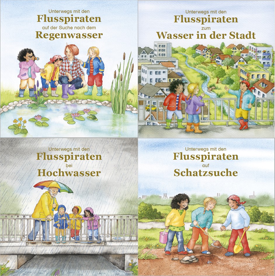 Titelseeiten der Kinderbüchlein der Serie Flusspiraten