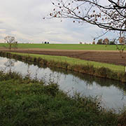 Ein Fluss zwischen Feldern und Wiesen.