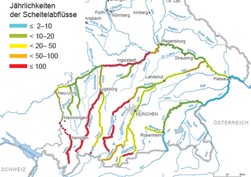 Jährlichkeiten von Scheitelabflüssen für ausgewählte Flüsse Südbayerns