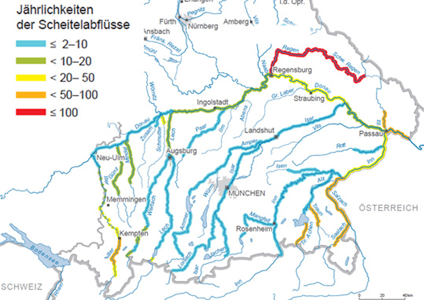 Jährlichkeiten von Scheitelabflüssen für ausgewählte Flüsse Südbayerns