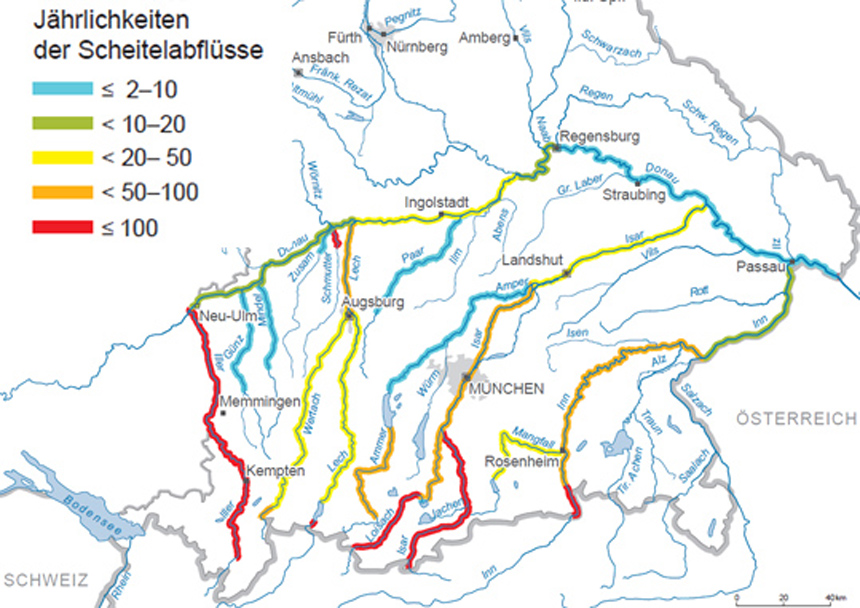 Jährlichkeiten von Scheitelabflüssen für ausgewählte Flüsse Südbayerns