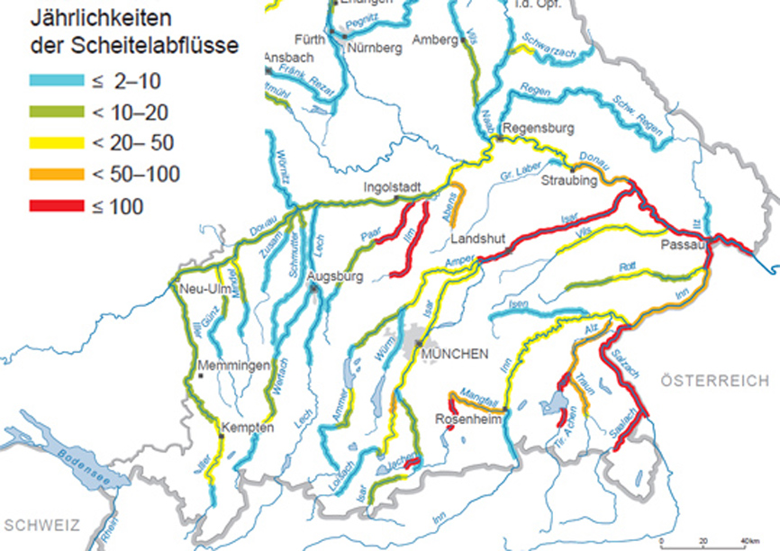 Jährlichkeiten von Scheitelabflüssen für ausgewählte Flüsse Südbayerns