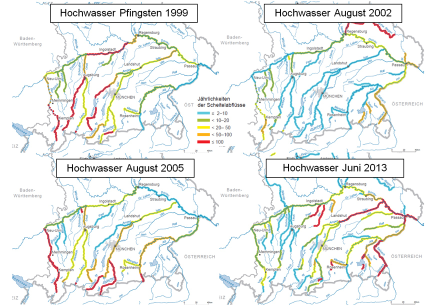 Jährlichkeiten von Scheitelabflüssen für ausgewählte Flüsse Südbayerns für vier Hochwasserereignisse