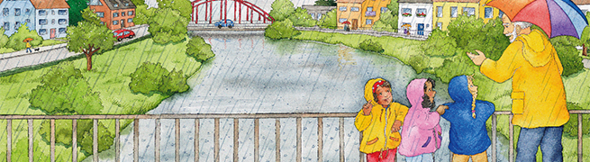 Kinder lassen sich von einem Erwachsenen die Entstehung von Hochwasser erklären