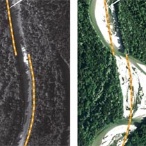 Flussbettumgestaltung, Abbildung vor und nach Durchführung der Maßnahme